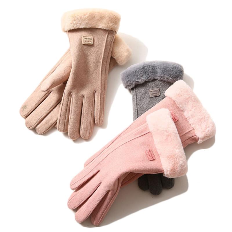 

Five Fingers Gloves Winter Female Outdoor Warm Mittens Cloth Label Double Thick Plush Wrist Women Touch Screen Driving Soft Autumn N21