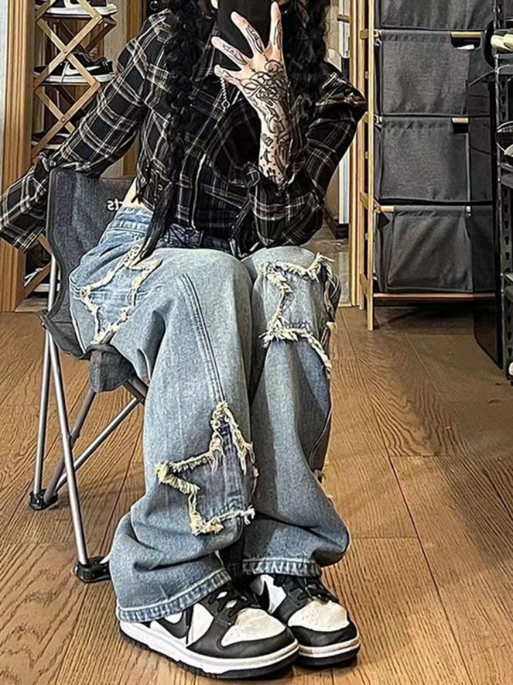 

Womens Jeans American Retro Fivepoint Star Raw Edge Splicing Loose Wideleg Look Thin Trendy Allmatch Mopping Pants 230512, Lemon yellow