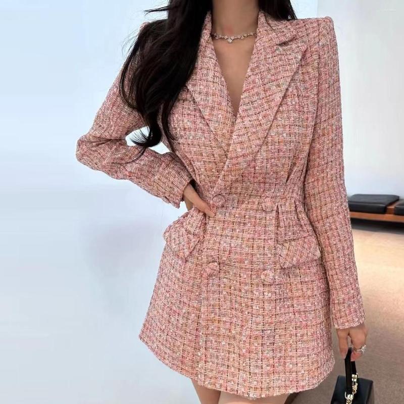 

Casual Dresses Women Pink Tweed Mini Dress 2023 Double Breasted Fashion Lady