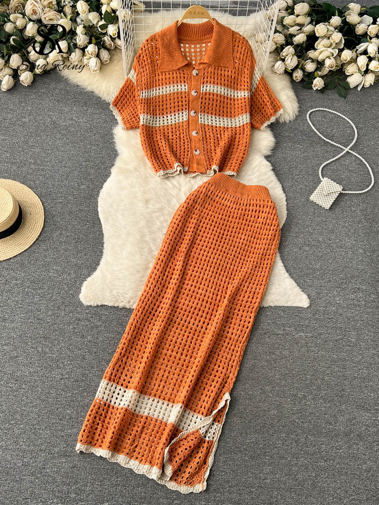 

Two Piece Dress SINGREINY Summer Hollow Out Beach Suits Vintage Lapel Neck Knit Loose TopLong Skirt Sets Knitted Casual Pieces 230512, Khaki