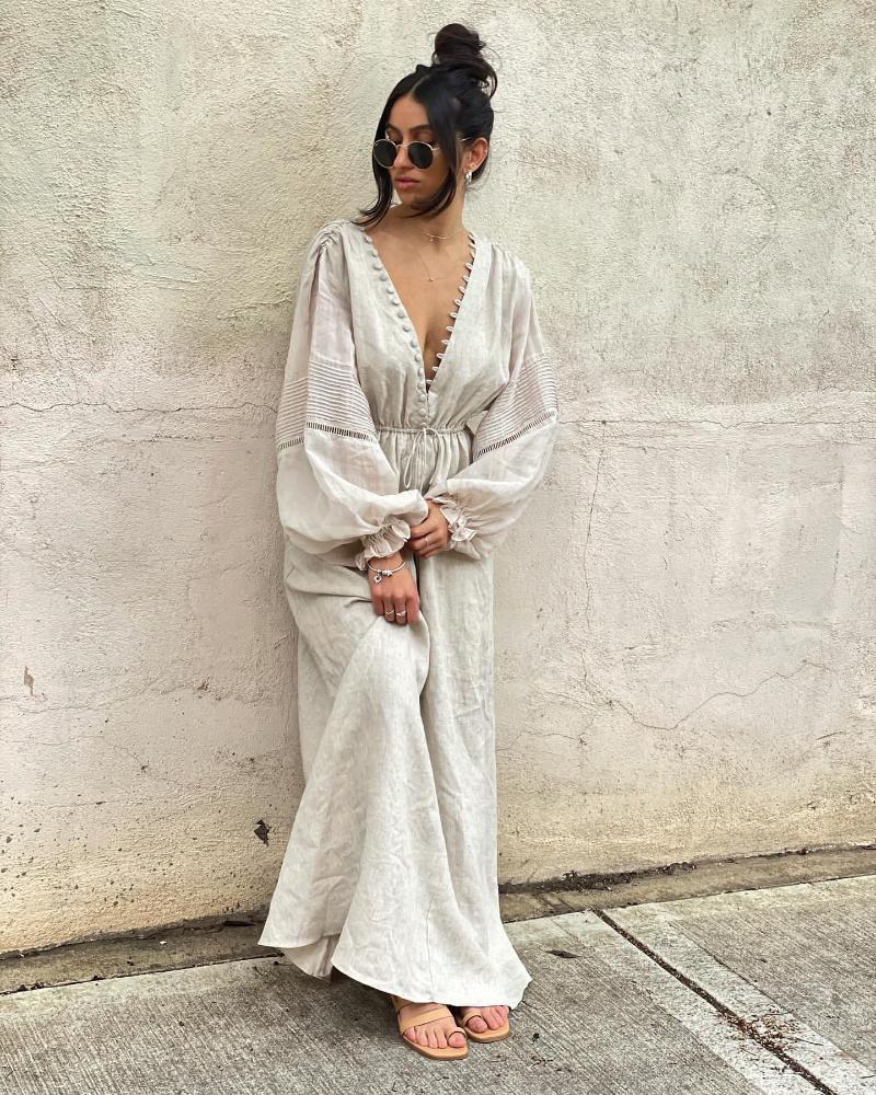 

Casual Dresses Women V Neck Linen Dress High Quality Lantern Sleeve Maxi, Gray