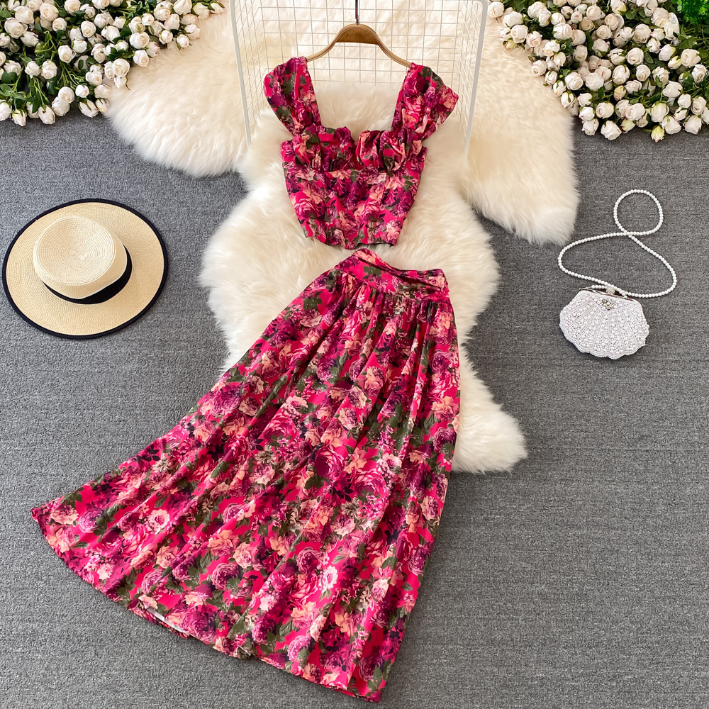

Two Piece Dress Holiday Women Skirts Sets Summer Matching Floral Tank Tops High Waist Maxi Suit Beach Sexy Outfits 230512, Red