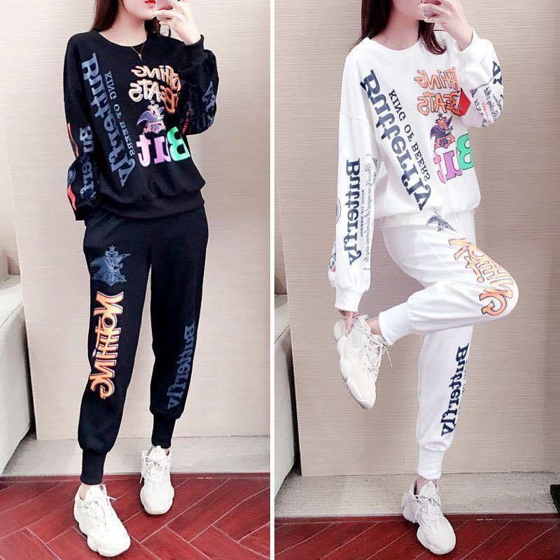 

Pants Women's Tracksuit 2023 Spring Autumn New Fashion Casual Sweat Suits Loose Long Sleeved Tops And Pants Two Piece Set For Women, Black 2 piece set