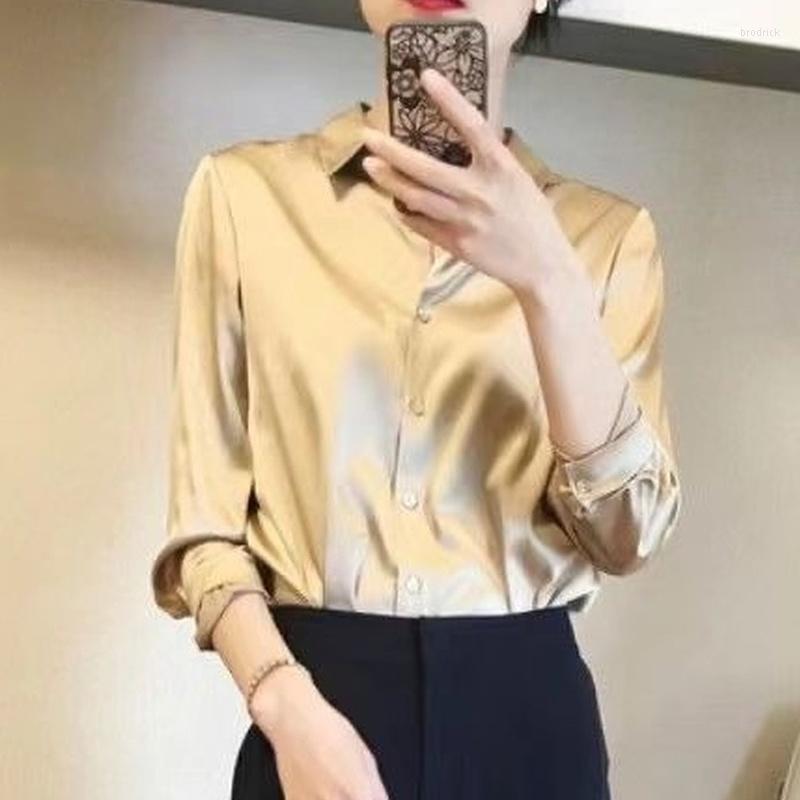 

Women's Blouses Imitation Silk Loose Hanging Shirt Solid Vintage Top Button Up Women Shirts Camisa Blanca Mujer, Champagne