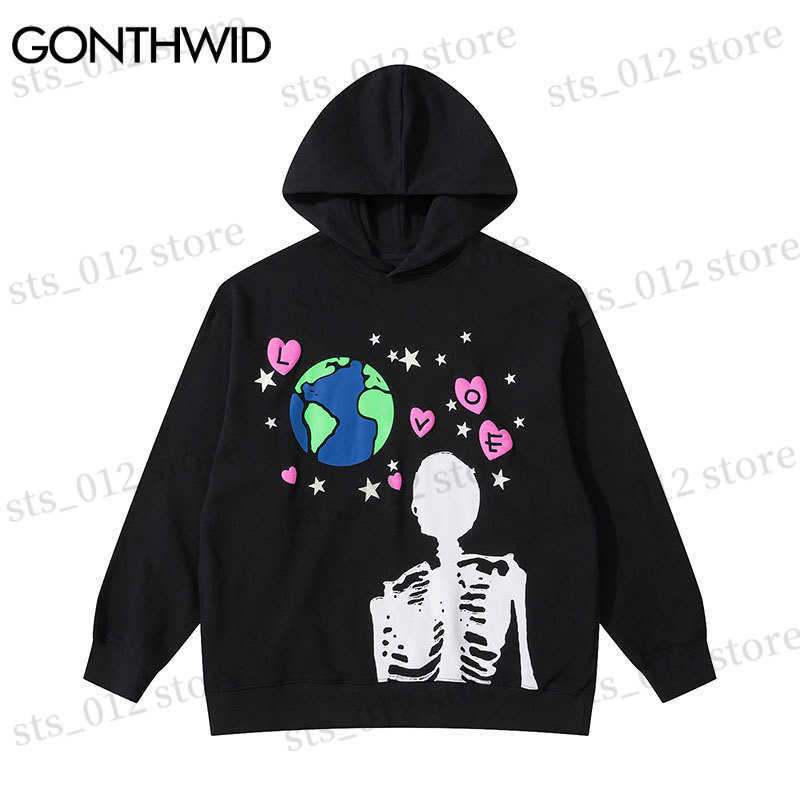 

Men's Hoodies Sweatshirts GONTHWID 2023 Hip Hop Hoodie Sweatshirt Streetwear Earth Skeleton Print Punk Gothic Hooded Winter Harajuku Cotton Pullover Black T230512, Black2
