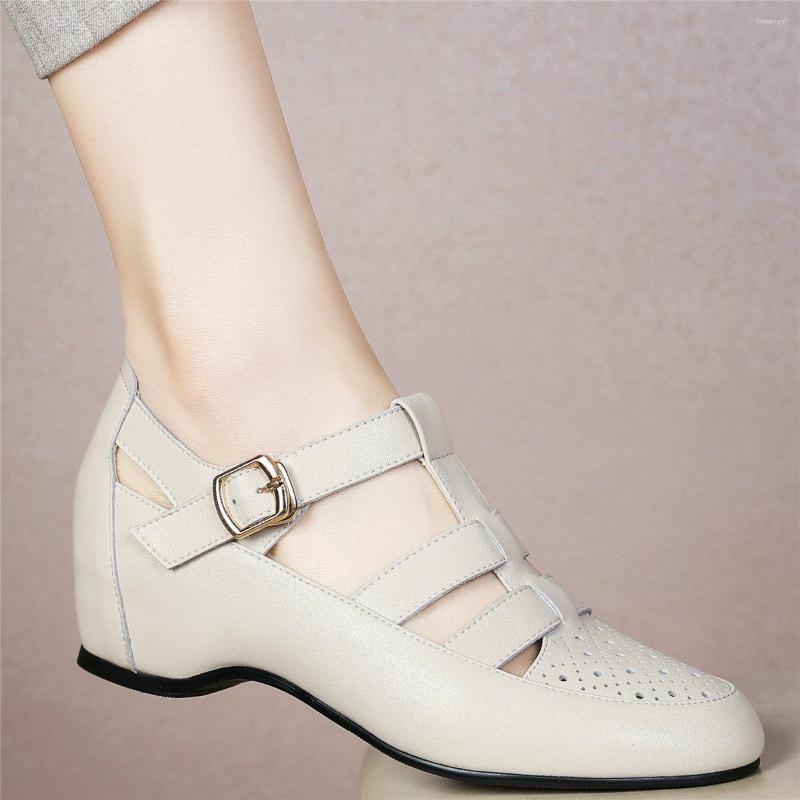 

Sandals Summer Oxfords Shoes Women Genuine Leather Wedges Med Heel Gladiator Female Round Toe Platform Pumps Casual, Khaki