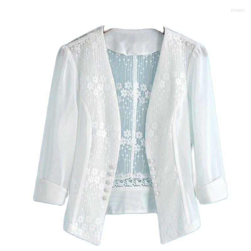 

Women's Jackets Upscale Fashion Lace Blazer Sun Protection Clothing Female Coat Summer Thin Wild Double Breasted Short Small Suit Women, White