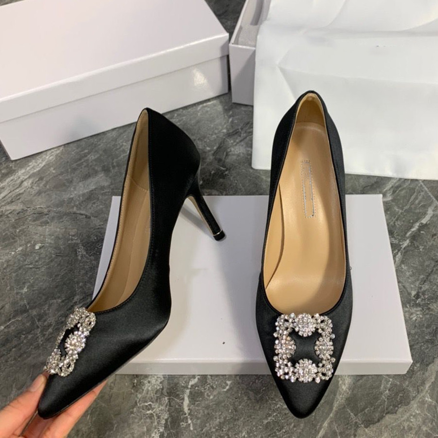 

Luxury Brand Women High Heels Wedding Shoes Rhinestone Buckle 6cm 8cm 10cm Thin Heel Pointed Toe Silk Black Blue Red Summer Sandals -42
