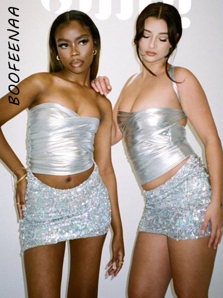 

Tanks BOOFEENAA Metallic Silver Bustier Top Femme Y2k 2000s Clothes for Women Summer 2023 Sexy Club Wear Bandage Crop Tops C82BG17, Blue