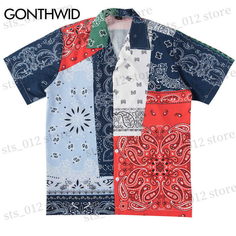 

Men's Casual Shirts GONTHWID Hip Hop Cashew Flowers Print Color Block Patchwork Beach ha Hawaiian Shirts Streetwear Summer Short Sleeve Shirt Top T230512, Blue8