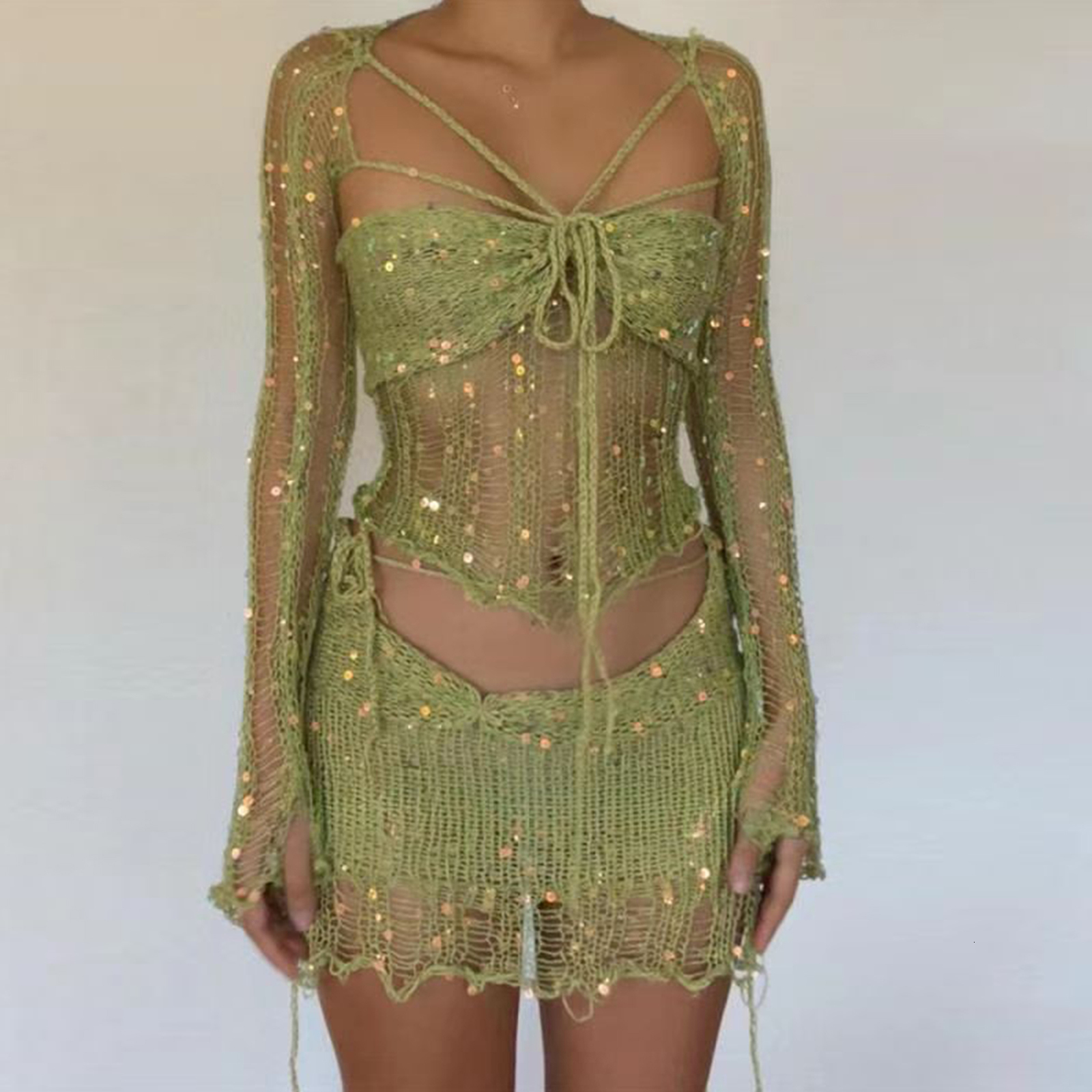 

Two Piece Dress Fashion Long Sleeve TieUp Backless Tops and Skirt Sets Women Sexy Shiny Sequins Party Suit Ladies Mesh Slim Knitted 2piece Set 230512, Purple