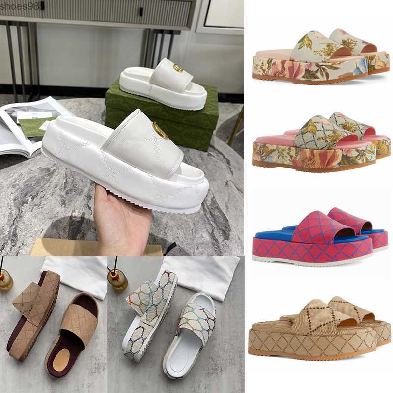 

2023 womens slippers fashion embroidered canvas designer slides slip mens 60mm Canvas covered platform sandals, #9