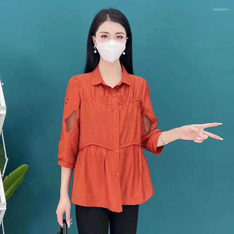 

Women's Blouses Cotton And Shirt Women's Solid Color Casual Summer 2023 Loose Polo Collar Embroidery Hollowed Out, Wine red