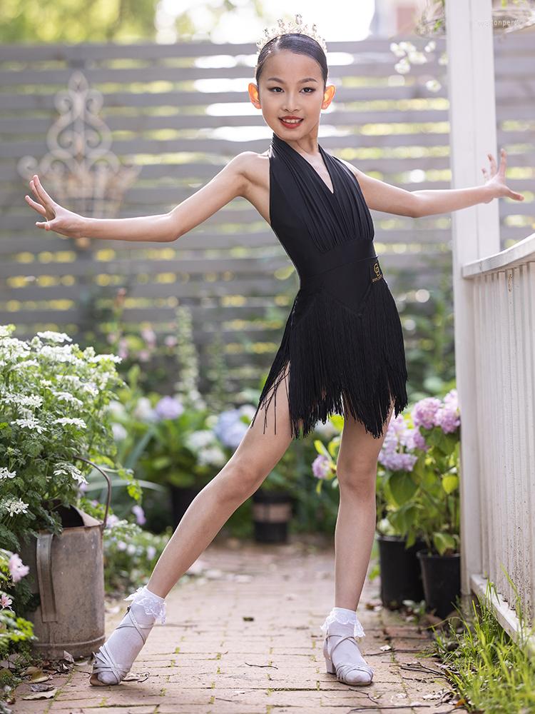 

Stage Wear Children Latin Dance Suit Halterneck Slim Dress With Fringed Skirt Professional Competition Performance Costume L22329, Black