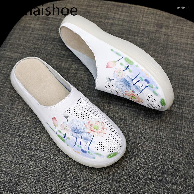 

Slippers Genuine Leather Closed Toe Women Summer Wear 2023 Flat Soft Surface Hollow Breathable Leisure Half-Slippers Sandals, White