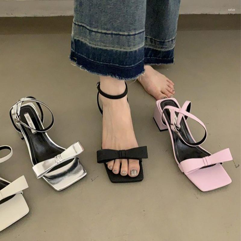 

Sandals 2023 Open Toe Chunky Bow Women Mid Heels Shoes Party Shallow Slides Summer Pumps Slippers Dress Chaussure Femme, Black