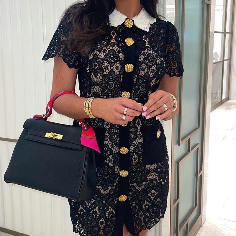 

Casual Dresses Women Lace Embroidery Mini Dress Metal Buton Decoration Short Sleeve Lady Slim Hollow Out, Black
