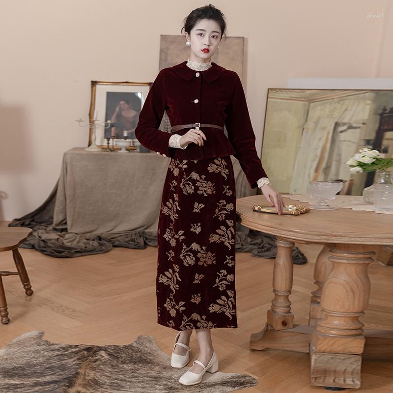 

Casual Dresses French Vintage Wine Red Embroidery Suit Dress, Maroon