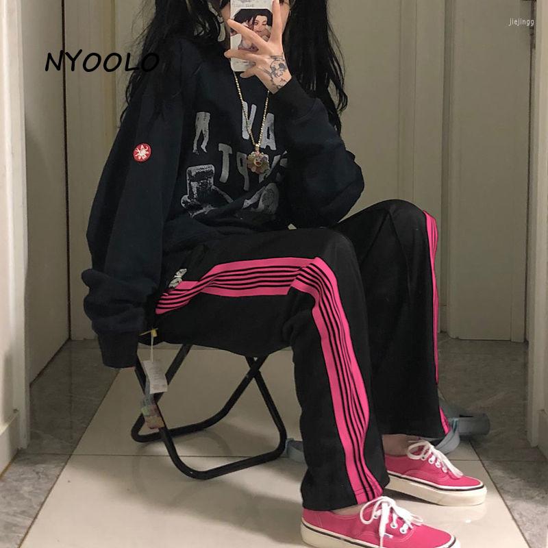 

Women' Pants NYOOLO Harajuku Streetwear Classic Striped Patchwork Elastic Waist Straight Women Clothes Vintage Hip Hop Punk Trousers, Picture shown