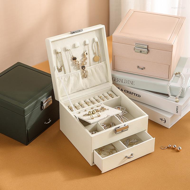 

Jewelry Pouches Multi-functional Two-layer Leather Drawer-style Box Earrings Lock