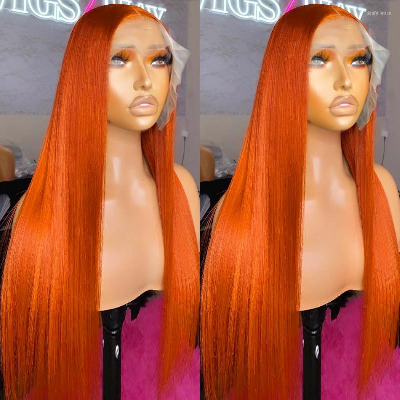 

Inch Ginger Orange Color Lace Front Wigs Bone Straight Human Hair For Women 13x4 Transparent Frontal Wig PrePlucked, Picture shown