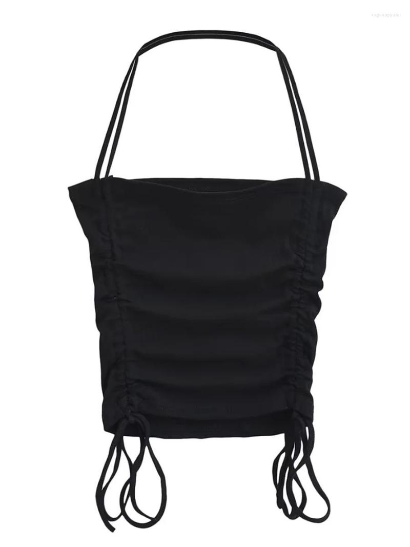 

Women' Tanks Women Ruched Crop Cami Tops Sleeveless Halter Neck Solid Color Drawstring Camisole, Black