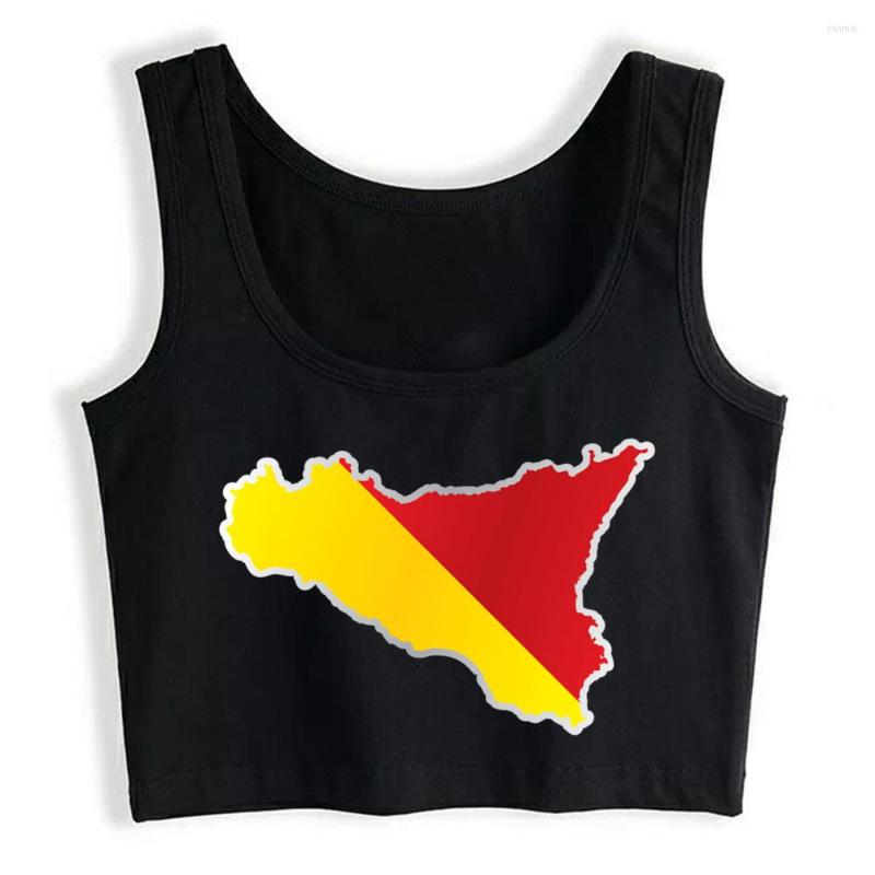 

Women' Tanks Crop Top National Territory And Flag Sicily Sexy Harajuku Sleeveless Y2k Tops Womens Blusas Mujer De Moda 2023 Verano, Black