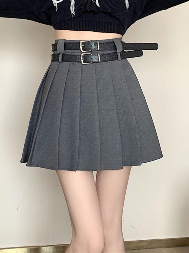 

Skirts 2023 Solid Women Pleated Mini Skirt Belt Kawaii Vintage Ladies Korean Harajuku High Waist A-line Package Hip