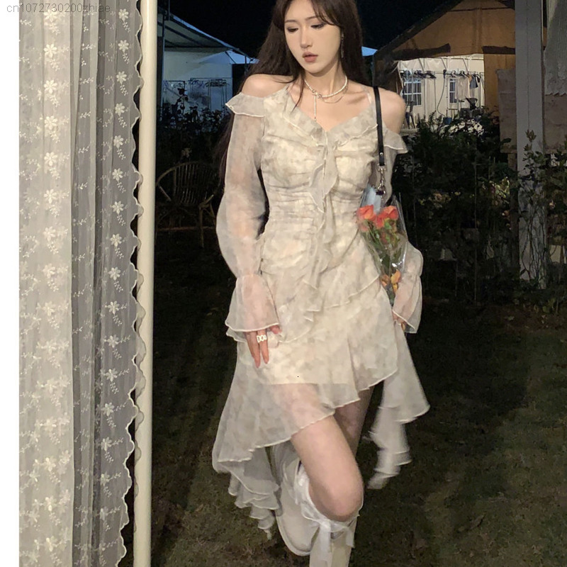 

Casual Dresses Korean Style Dres Tiedye Strapless Irregular Fairycore For Prom Female Party Midi Dress Y2k Summer 230512, Ivory