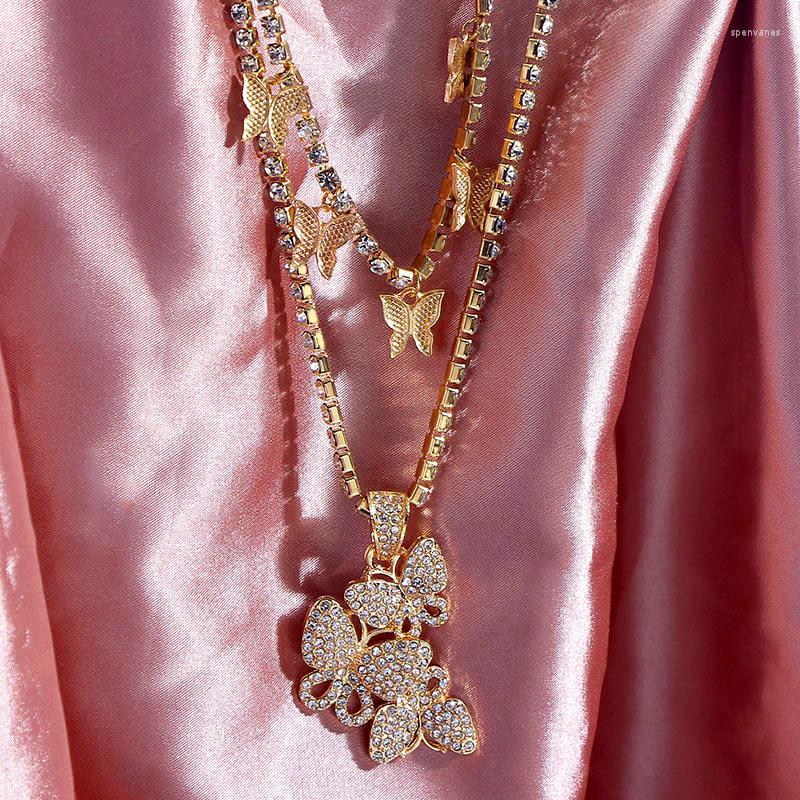 

Chains 2Pcs Luxury Shiny Micro Pave Rhinestone Butterfly Pendant Necklace For Women Metal Animal Charms Tennis Crystal Chain Jewelry