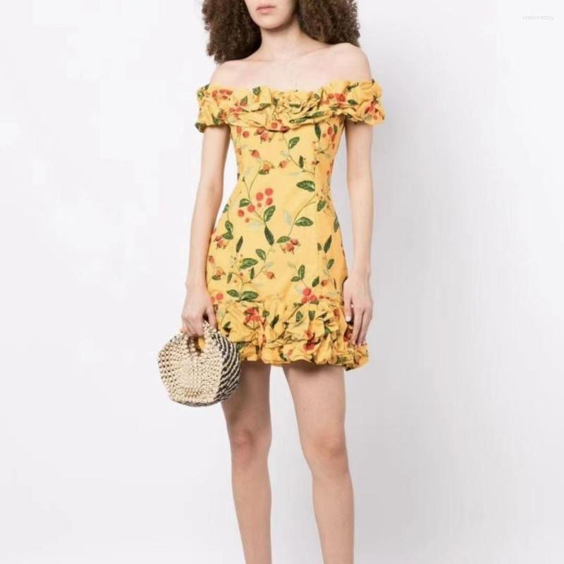 

Casual Dresses Women Print Yellow Mini Dress Slash Neck Slim