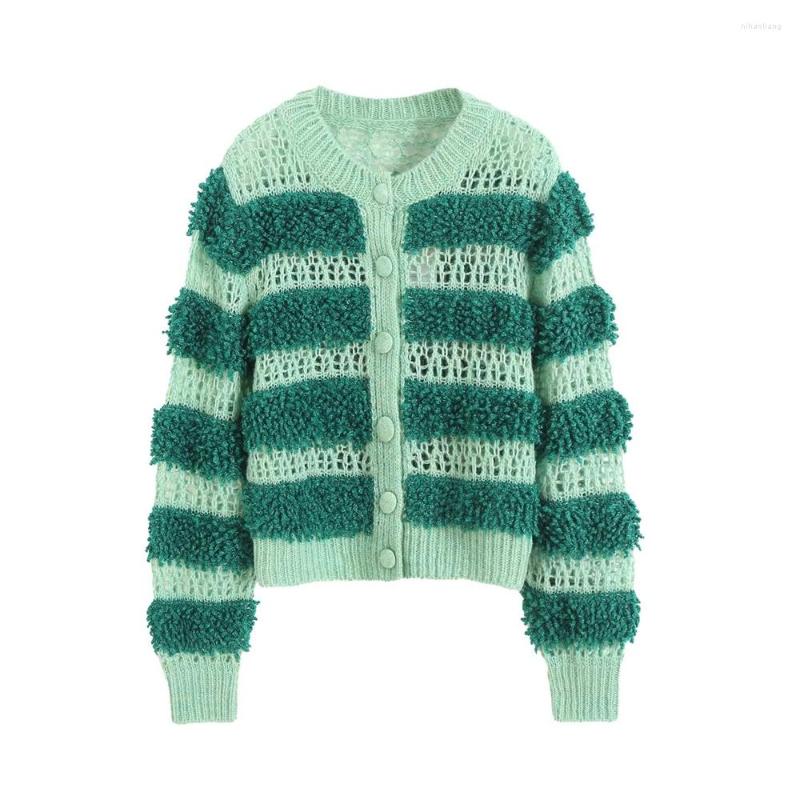 

Women' Knits COS LRIS 2023 Spring Women' Wear Green Striped Short Hollow Knit Cardigan Sweater Jacket Female 3859002