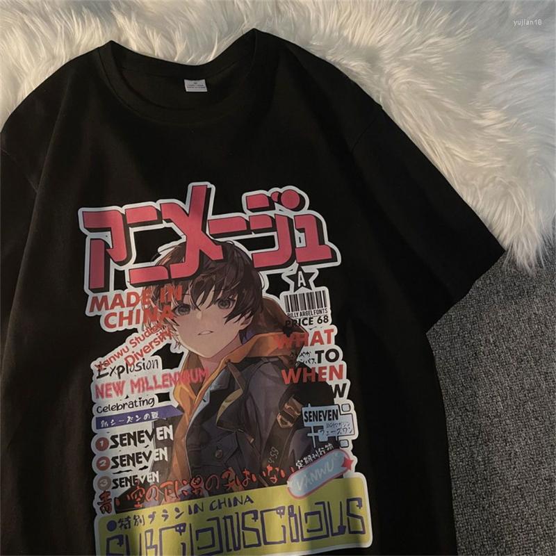 

Men' T Shirts Vintage Anime T-shirt For Men Japanese Style Hip Hop Streetwear Y2k Tops Letter Harajuku Couple Graphic Half Sleeve Tee, Black