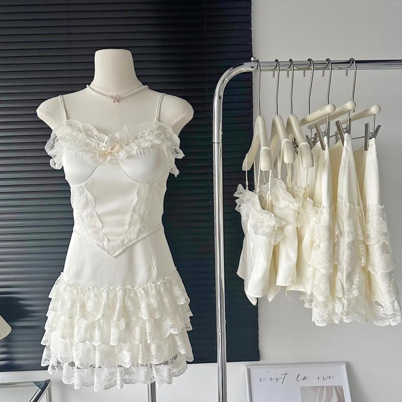 

Casual Dresses Women's Cute Two Pieces Lace Skirt Suit Lady Summer Sleeveless Crop Camis Top Mini A Line Sweet Set, Beige