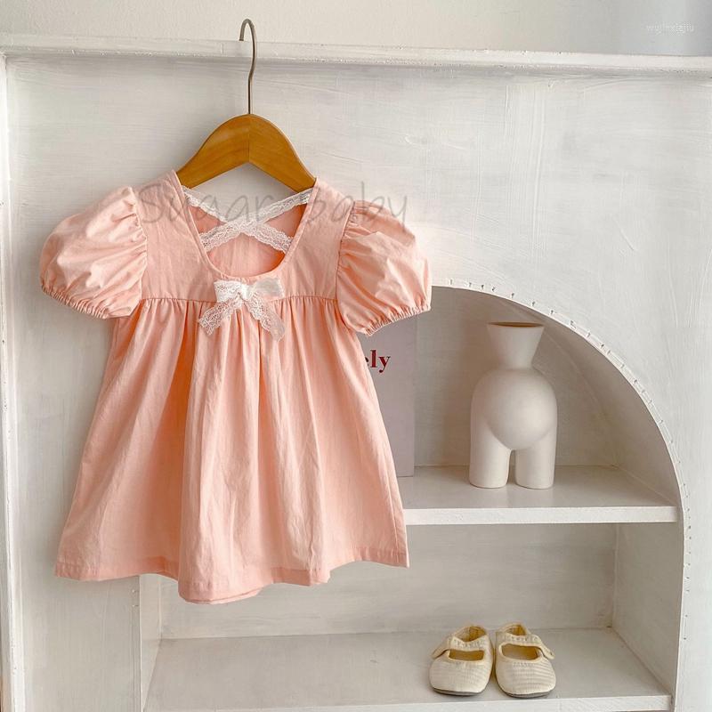

Girl Dresses Sugar Baby 2023 Babygirl Short Sleeved Dress Fashion Ballon Sleeve Lace Tied Solid Wedding Party Sweet Cloth 24M, Pink