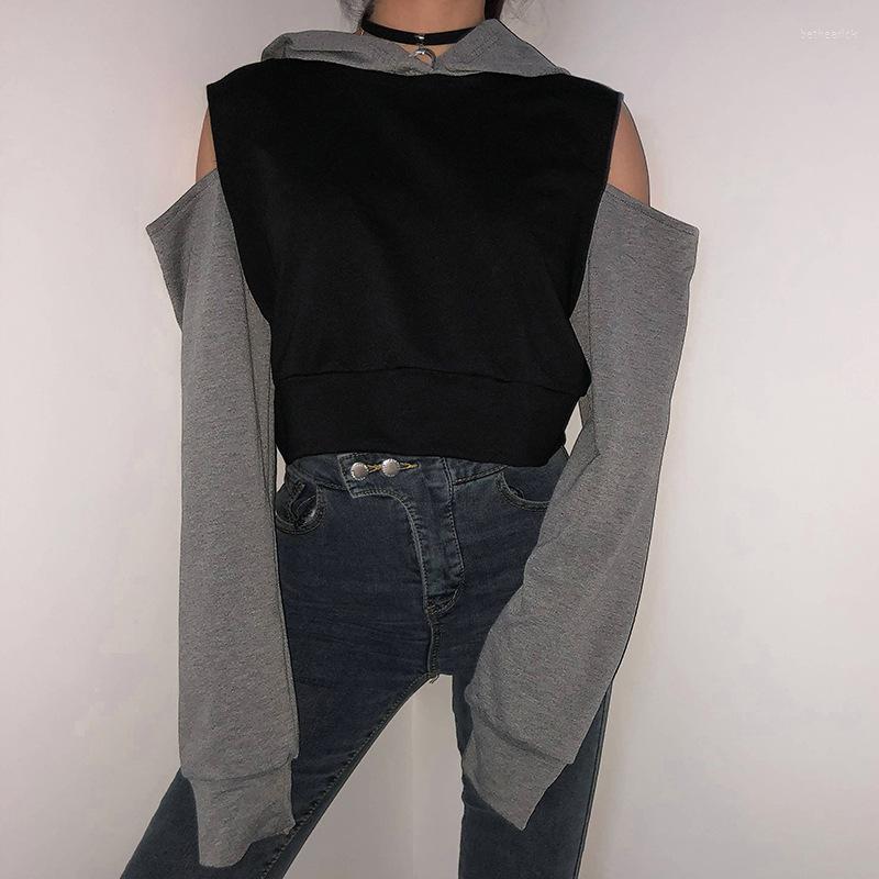 

Women' T Shirts Casual Off-the-shoulder Hooded T-shirt Female Long Sleeve Stitching Pullover Loose Crop Tops Ladies Black Fashion