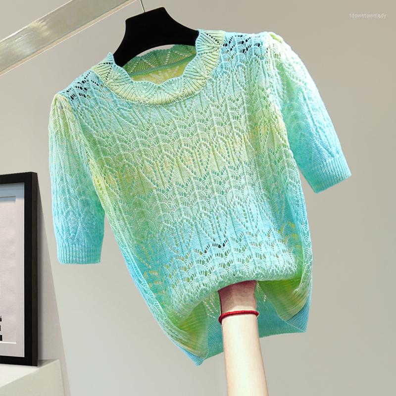 

Women's T Shirts Women's Printed T-shirt 2023 Summer Korean Style Shirt Loose Hollow-out Knit Tshirt Gradient Color O-neck Sweater Tee, Green