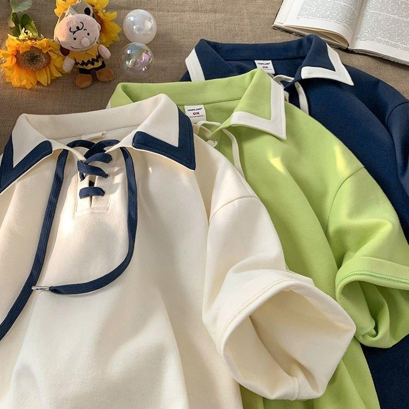 

Women's Polos Solid Polo Shirts Women 2023 Summer Fashion Loose Short Sleeve Pullover Female T-shirt Top Casaul Bandage School Tees, Beige