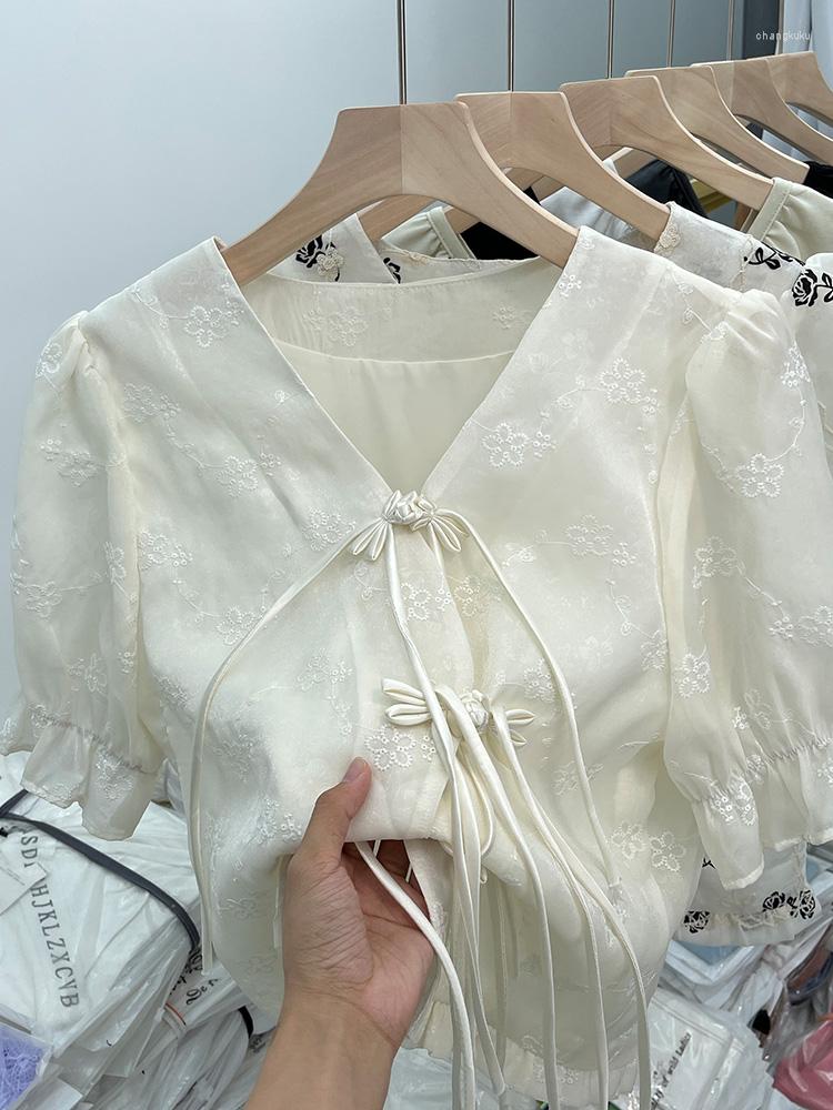 

Women' Blouses Women Shirt And Korean Style Harajuku Fashion Apricot Floral Print Kawaii V-Neck Lace Up Top Clothes Summer 2023, Black