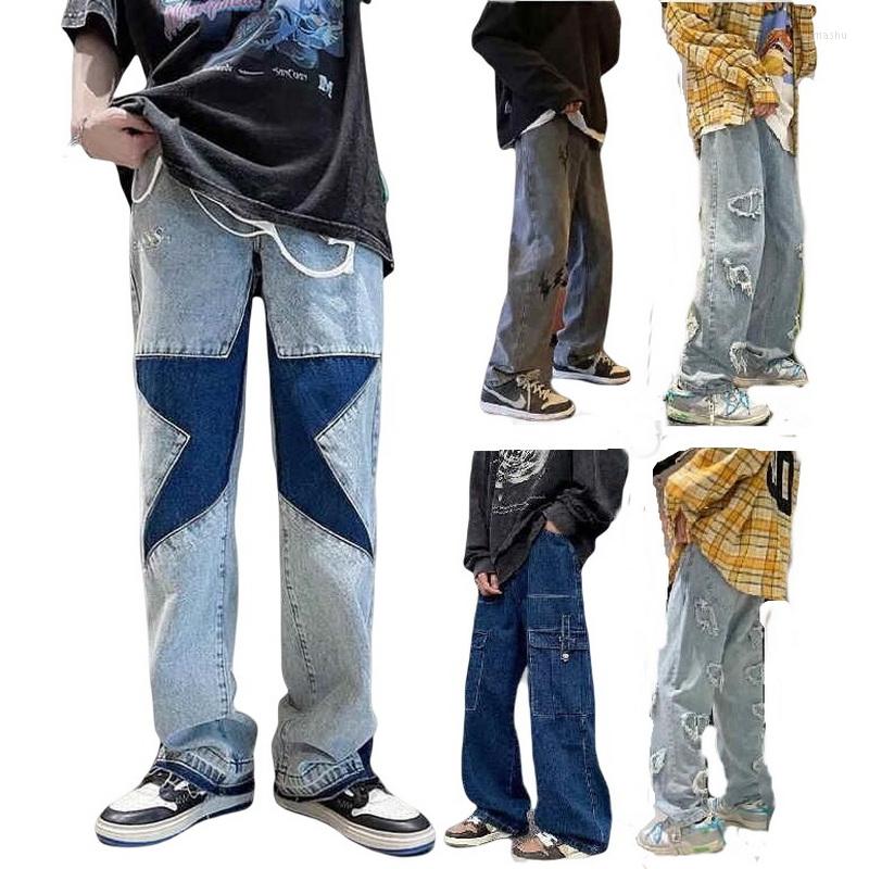 

Men's Jeans High Street Men's Youth Y2K Streetwear Star Print Straight Hip Hop Baggy Denim Pants Men Clothes, Black gray