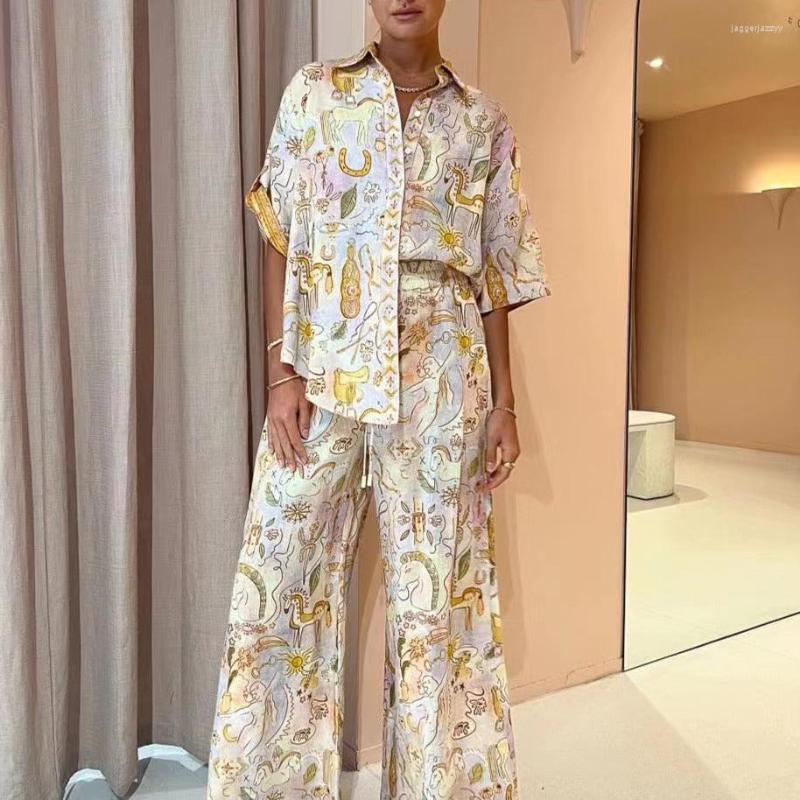 

Casual Dresses Vintage Character Print Women Linen Set Single Breasted Loose Blouse Elastic Waist Wide Leg Pants