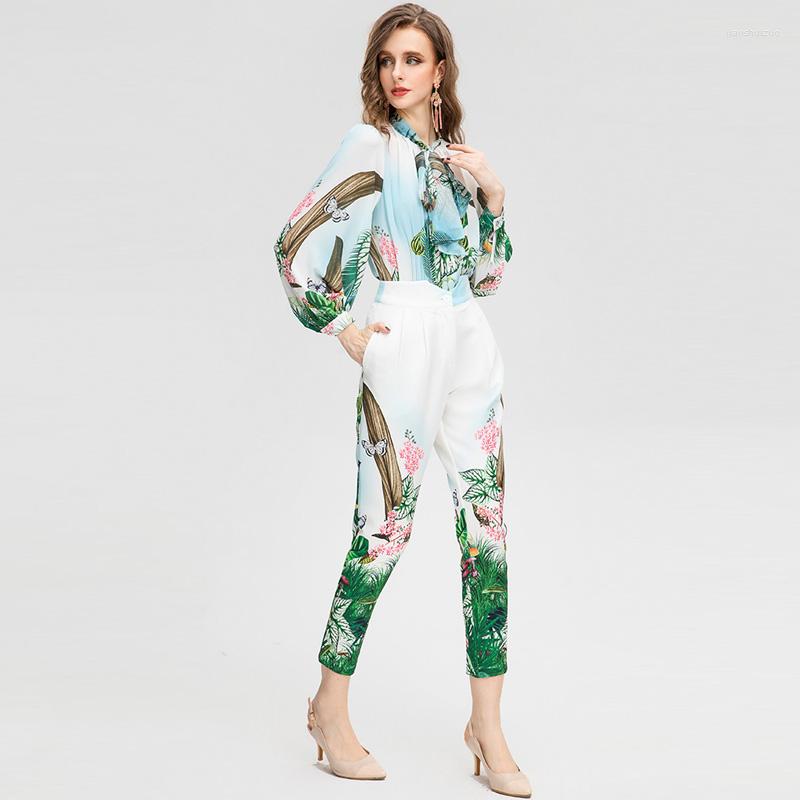 

Women' Two Piece Pants Janeyiren Fashion Catwalk Autumn/Winter Pantsuit Women Lantern Sleeve Flower Print Loose Top Trousers 2 Set, Green