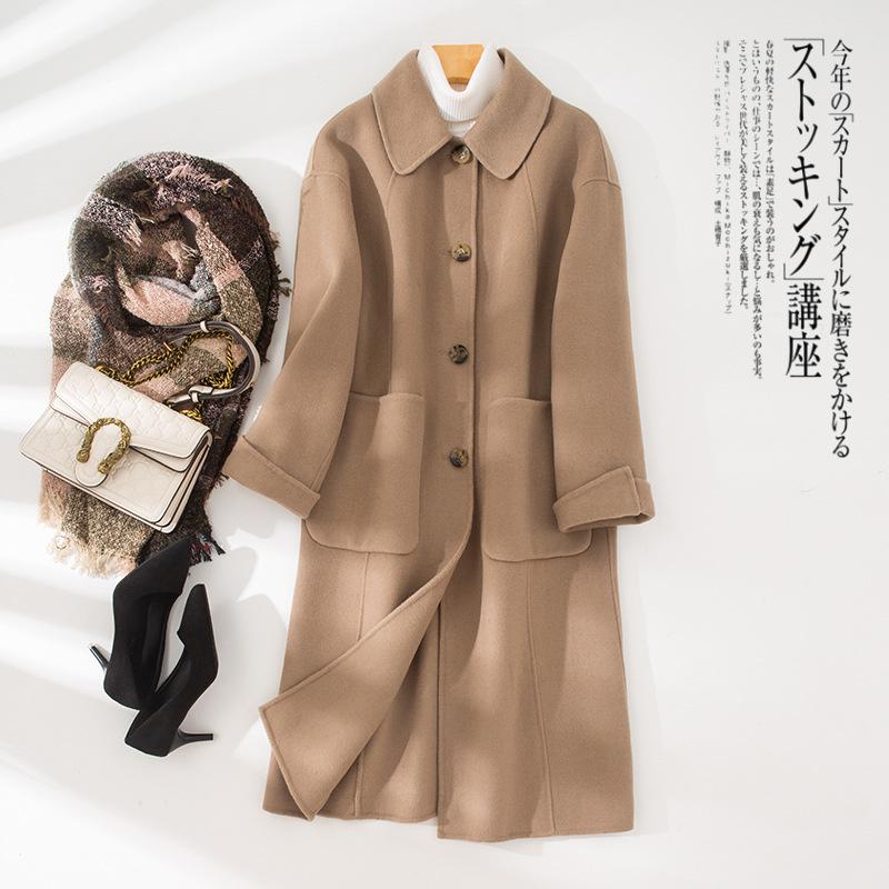 

Women' Wool & Blends Autumn Winter Fashion Double-sided Coat Lapel Long Single-breasted Temperament Solid Color Woolen Female Overcoat, Khaki