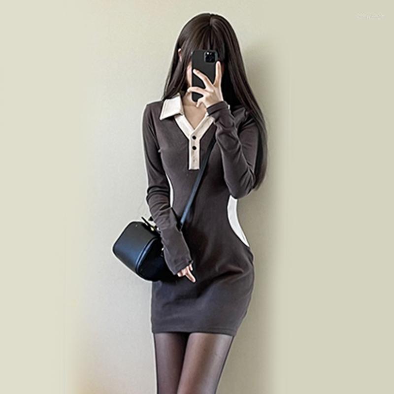 

Casual Dresses Fashion Sexy Contrast Color V-neck Long Sleeve Slim Bodycon Short Club Dress 2023 Summer Spring T-shirt, Gray
