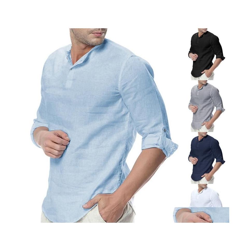 

Men'S Casual Shirts Mens Cotton Linen Henley Shirt 3/4 Sleeve Breathable Fashion Summer Beach Tops Drop Delivery Apparel Clothing Dh7Xj, Gray