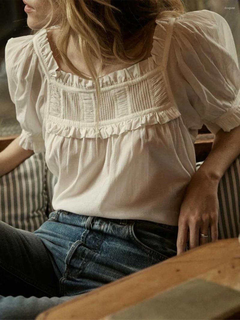 

Women' Blouses Ruffles Women Square Collar Shirt White Retro Short Puff Sleeve Loose Female Blouse Summer 2023, Top