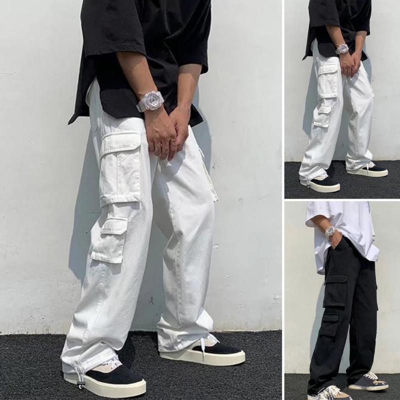 

Men's Pants Men Mid-Rise Drawstring Elastic Waistband Cargo Multi Pockets Straight Wide Leg Male Trousers Daily Clothing, Black