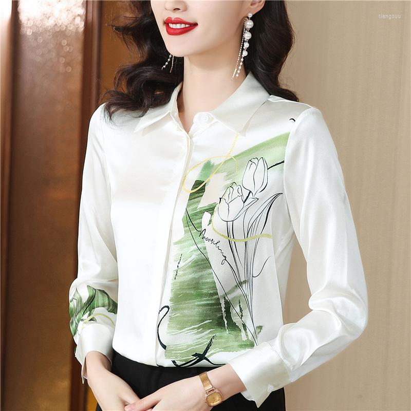 

Women' Blouses Satin Silk Flower Shirts Women Long Sleeve Top Fashion Ladies Work Shirt Spring Summer Female Clothing Blusas Para Mujer, White
