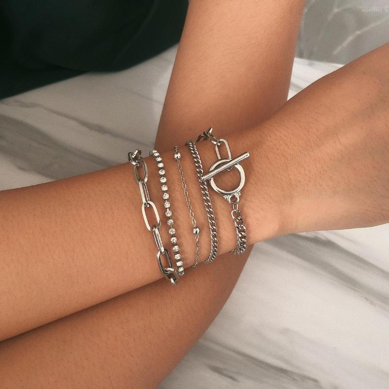 

Charm Bracelets Trendy Geometric Link Chain Bracelet Set For Women Rhinestones Gold Color Crystal Pendant Open Girls Jewelry