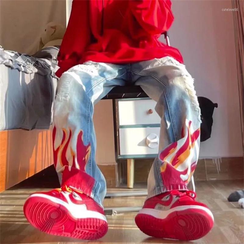 

Men's Jeans Cyber Y2k Men Hip Hop Streetwear Flame Hole Washed Baggy Low Rise 2000s Ripped Alt Denim Trousers Fairy Grunge Clothes, Blue